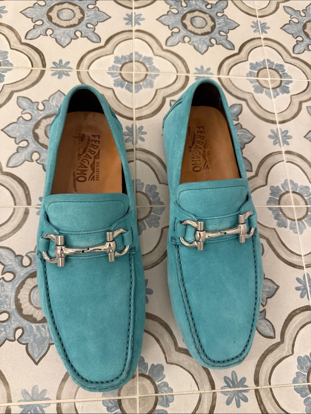 Salvatore Ferragamo Men's Suede Bit Loafers in Turquoise - Size 10